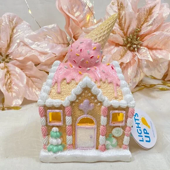 Pastel Holiday Christmas Gingerbread Ice Cream Shop Pink Led Light Up House - Picture 1 of 7